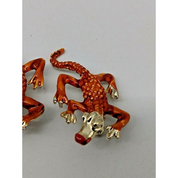 Alligator Crocodile Red & Orange Enamel Gold Tone Metal Reptile Brooches(2) - Picture 4 of 8